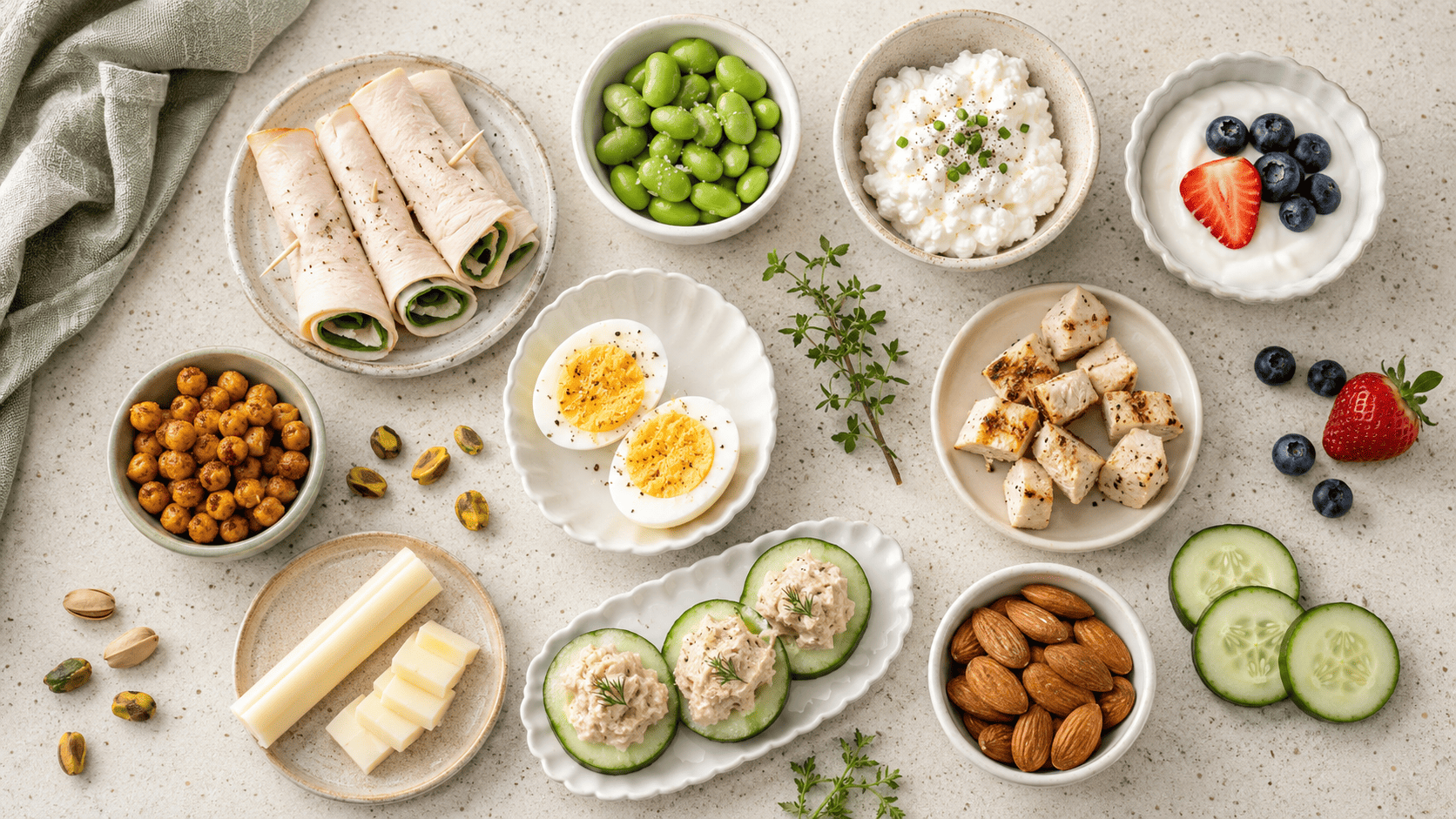 Overhead arrangement of high-protein foods including chicken, eggs, edamame, cottage cheese, yogurt, nuts, and chickpeas.