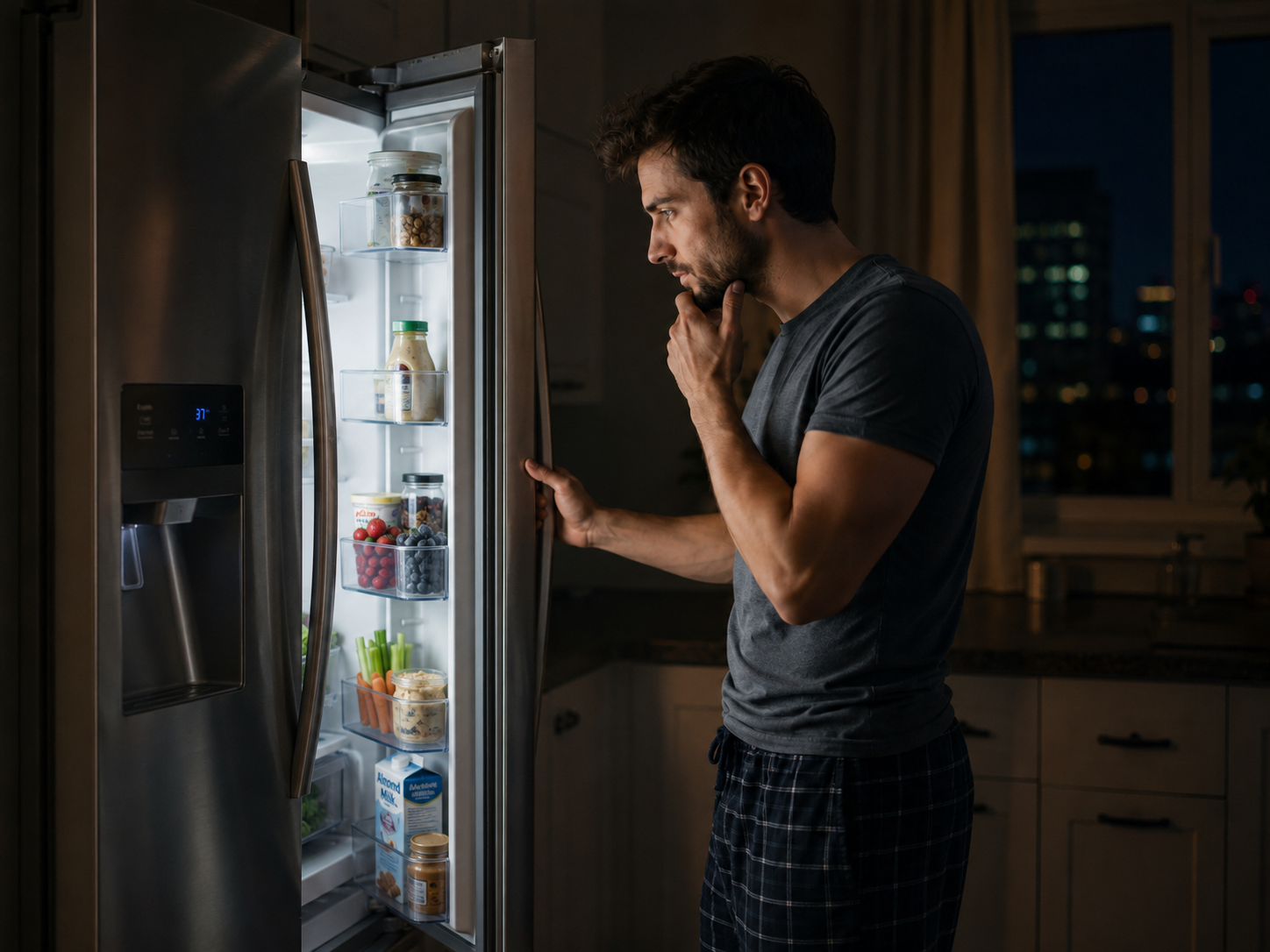 Man looking into an open refrigerator at night while deciding what to eat