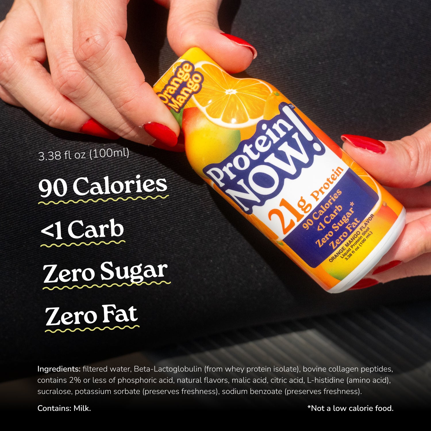 Protein Now Orange Mango protein shot held in hand, featuring 21g protein, 90 calories, less than 1g carb, zero sugar, and zero fat.