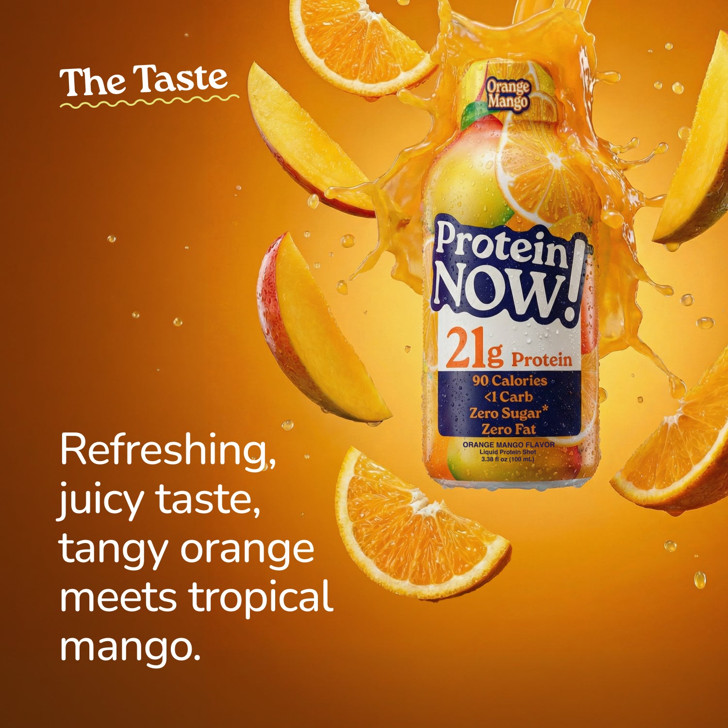 Protein Now Orange Mango protein shot surrounded by oranges, mango slices, and juice splashes, highlighting a refreshing, juicy taste where tangy orange meets tropical mango.