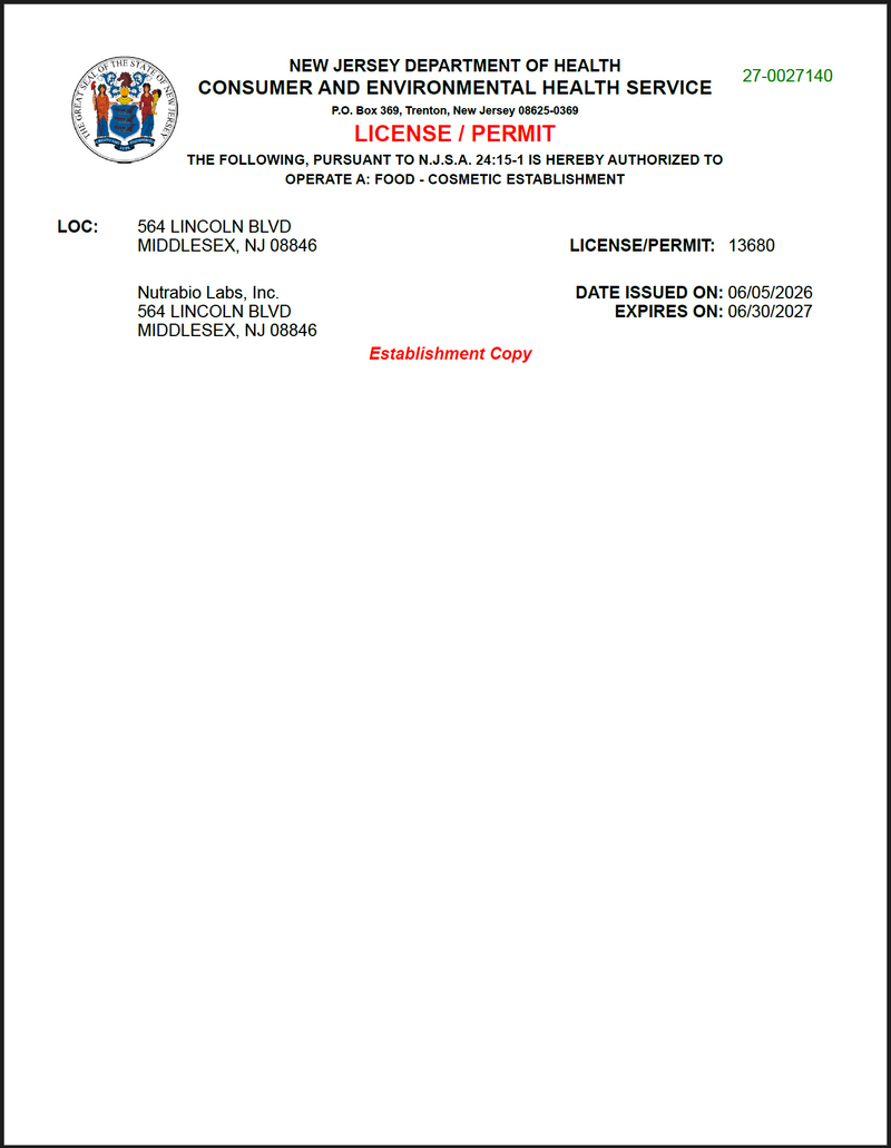 New Jersey Department of Health Certificate