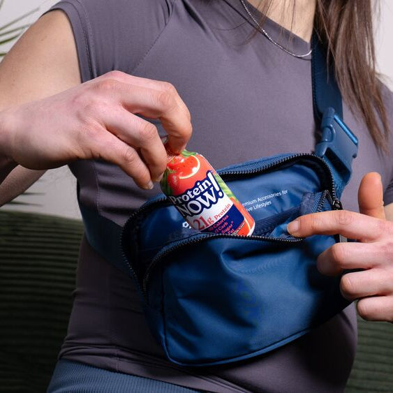 Protein Now in a satchel bag showing it on the go