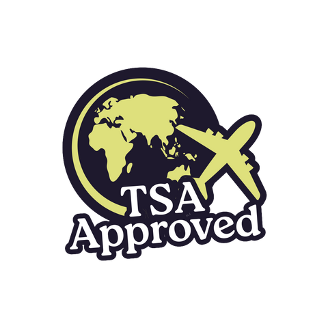 A graphic shows a yellow airplane flying over a globe with the words TSA Approved below, indicating travel security approval.