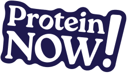 Logo with bold white text Protein NOW! on a dark blue, irregularly shaped background.